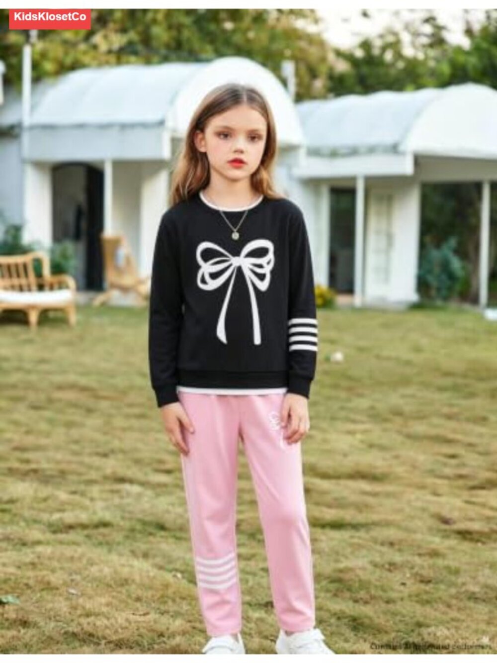 Girls Bow Print Sweatshirt & Striped Jogger Pants Outfit Set - Picture 4 of 6